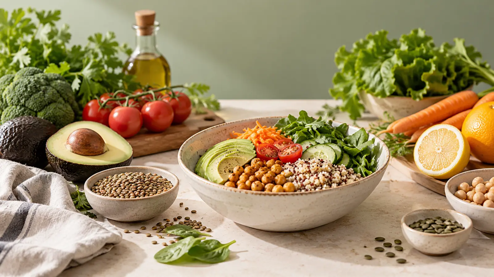 Alimentos frescos y un plato con vegetales y legumbres