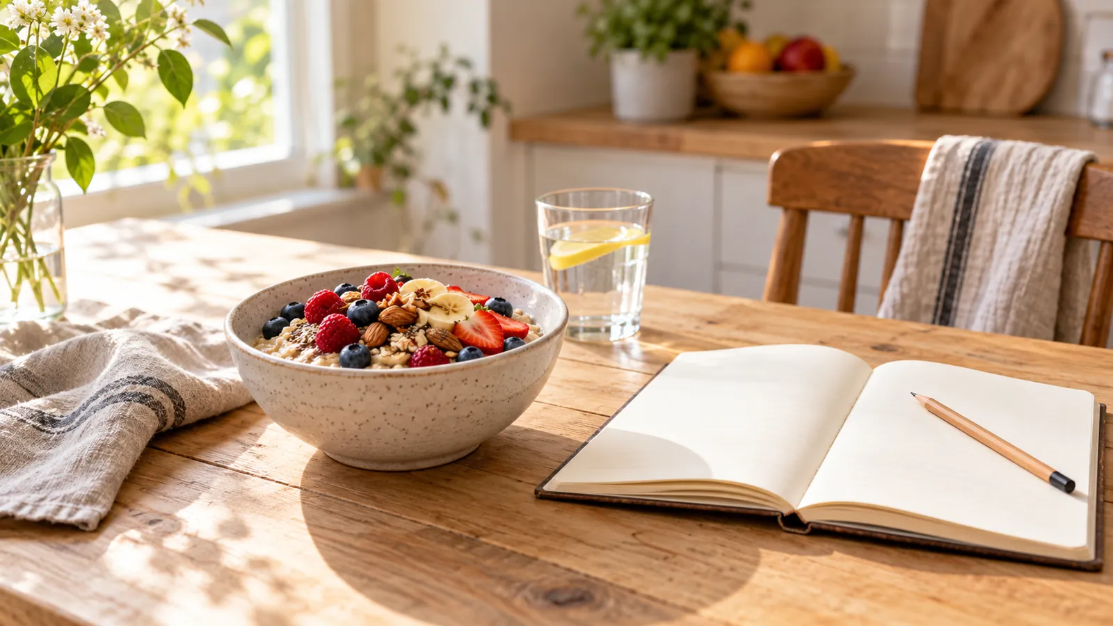Desayuno y cuaderno para organizar hábitos alimentarios