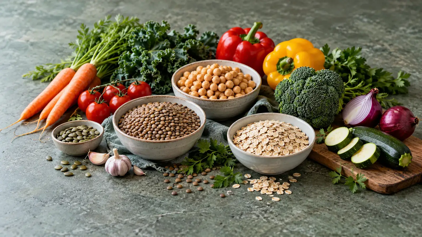 Legumbres, cereales y vegetales variados